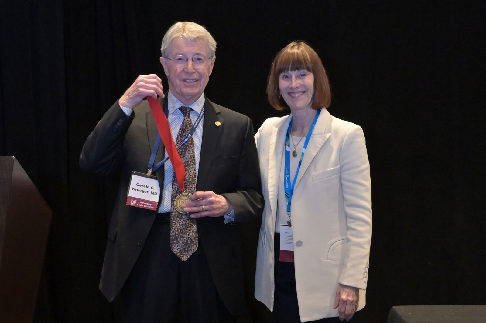 Dr. Krueger (<em>left</em>) with DF President Dr. Janet Fairley. Dr. Krueger is the sixth recipient of the Foundation’s Distinguished Service Medallion in 59 years.