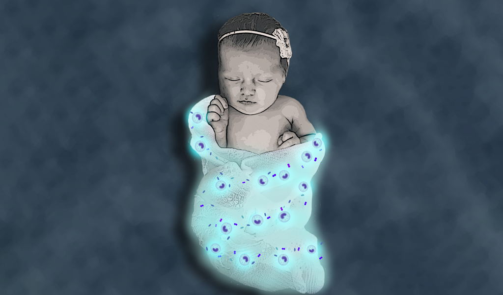 Digitally manipulated image of a baby wearing a pink textile headband, with a flower on the right side, and wrapped in a turquoise blanket, on a steel blue background.